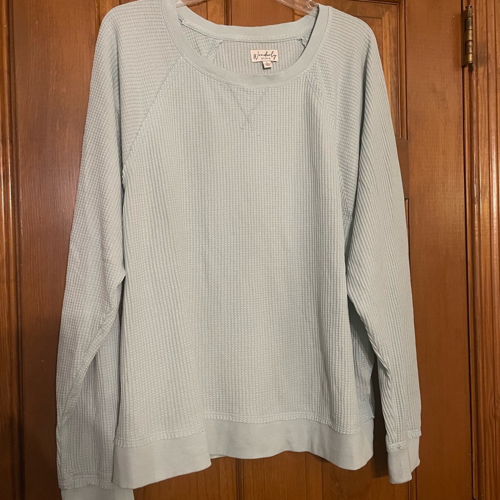 Wonderly Studio Light Minty Green/Blue Waffle Oversized Knit Top, Size Large